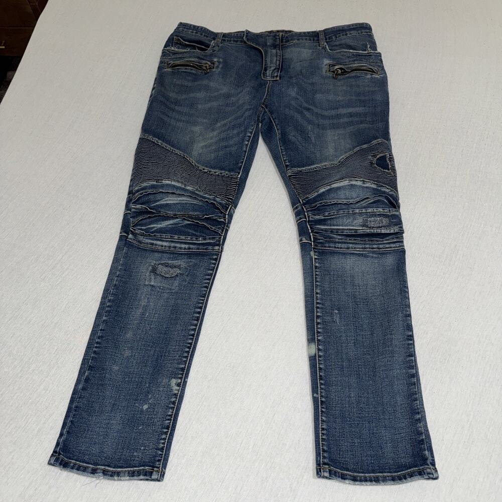 Balmain Paris 38x32 Moto Biker Distressed Slim Designer Jeans Blue Denim (read)